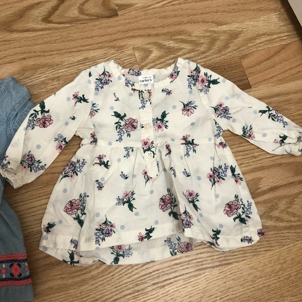 Carter’s Bundle Denim Embroidered Dress 3 mos Baby Girl Long Sleeve Boho Top